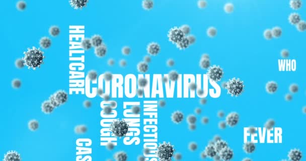 세포의 디지털 애니메이션 코로나 바이러스 텍스트를 파란색 배경에 반하게 코로나 — 비디오