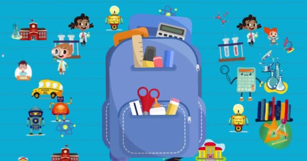 Animación Digital Mochila Múltiples Iconos Del Concepto Escolar Moviéndose Sobre — Vídeos de Stock