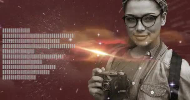 Animation Digital Interface Music Equaliser Moving Female Photographer Universe Background — Stock Video