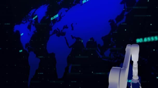 Digital Animation Robotic Arm Holding Globe Numbers World Map Black — стоковое видео