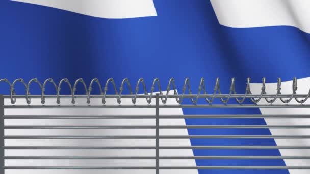 铁丝网栅栏在白色背景下飘扬芬兰国旗时的数字动画 Covid Coronavirus大流行病旅行限制概念 — 图库视频影像