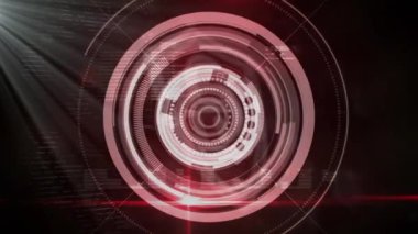 Dijital kırmızı yuvarlak tarayıcının güvenlik kilidi simgesi üzerine dijital animasyonu ve siyah arkaplana karşı veri işlemesi. Dijital çevrimiçi güvenlik bilgisayarı kavramı