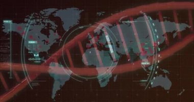 3 boyutlu koronavirüs Covid 19 hücresinin animasyonu. Dünya haritasında dönen DNA ipliği ve veri işlemesi var. Dijital olarak üretilen küresel koronavirüs pandemik konsepti.