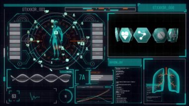 Siyah arka planda dijital arayüzde dönen üç boyutlu insan vücut modelinin dijital animasyonu. Tıbbi araştırma bilgisayar arayüzü kavramı.