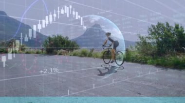 Arka planda bisiklete binen kadın hakkında kaydedilen dünya ve istatistik animasyonu. Teknoloji dijital veri işleme konsepti dijital kompozit.
