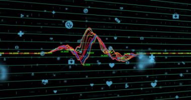 Finansal veri işleme ve dijital simgelerin dijital animasyonu yeşil yatay ve siyah arkaplan üzerinde. Küresel ekonomi ve finans kavramı