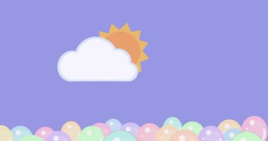 Kırmızı balonların havada uçtuğu doğum günü kutlamalarının animasyonu ve mor arka planda bulutlu ve güneşli yüzen çok renkli balonlar. Dijital ortamda oluşturulan eğlenceli konsept kutlaması.