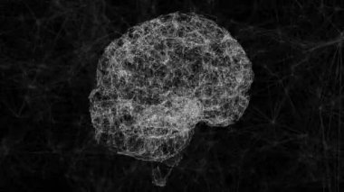 Dijital beynin dijital animasyonu, siyah arkaplana karşı dönen bağlantılardan oluşur. Tıbbi araştırma bilgisayar arayüzü kavramı