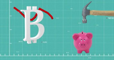 Kırmızı çizgi animasyonu, finansal veri işleme, beyaz bitcoin sembollü domuz kumbarasının üstüne çekiç. Şifreli para birimi sanal küresel finans sektörü konsepti dijital olarak oluşturulmuş görüntü.