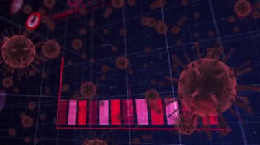 Grafiklerle, istatistiklerle dijital arayüzün animasyonu ve siyah zemin üzerinde yayılan Coronavirus Covid 19 hücre. Dijital olarak üretilen küresel koronavirüs pandemik konsepti.