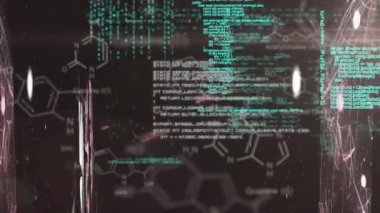 Kimyasal yapıların dijital animasyonu, bağlantılar ağı küresi ve kara arkaplana karşı veri işleme üzerinde parlayan ışık noktası. Küresel ağ ve iş konsepti