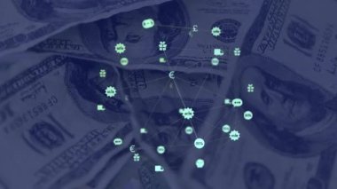 Globe 'un dijital simgeleriyle Amerikan dolarlarının dönüşünü gösteren dijital video. Küresel finans ve iş konsepti. Küresel finans ve Küresel Ağ