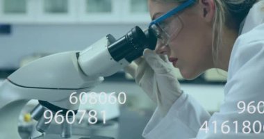 Covid 19 Coronavirus vakalarının animasyonu mikroskop kullanarak laboratuvar önlüğü giyen kadın bilim adamının üzerinde büyüyor. Global Covid 19 salgın konsepti dijital olarak oluşturulmuş görüntü.