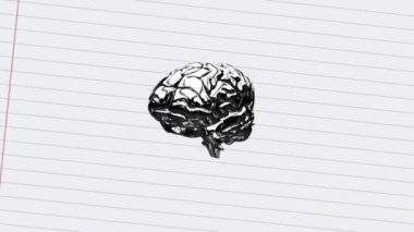 Beyaz arka planda dönen beynin ve yüzen matematiksel sembollerin animasyonu. Okul kavramına geri dönüş dijital olarak oluşturulan imaj.