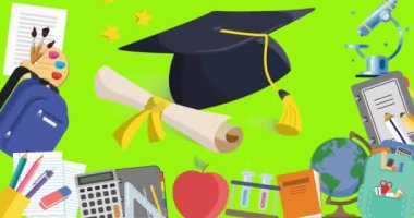 Mezuniyet başlığı ve diploma simgesinin dijital animasyonu ve yeşil arkaplana karşı hareket eden çoklu okul konsepti simgeleri