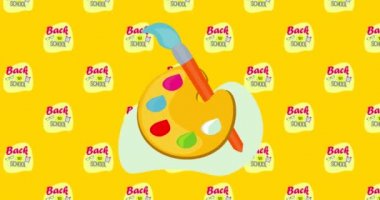 Renk palet simgesinin dijital animasyonu sarı arkaplana karşı rozetimle okula geri dönüyor