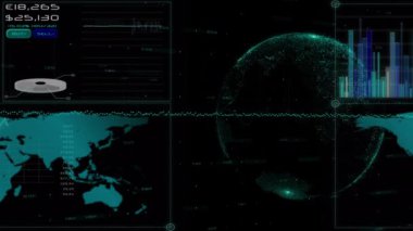 Finansal veri işlemenin dijital animasyonu dünya haritasında siyah arka planda dönen dünya haritasına karşı. Küresel finans ve iş konsepti