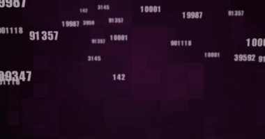 Siyah arkaplandaki karelerle değişen birden fazla beyaz sayının animasyonu. Dijital arayüz kavramını dijital olarak hesaplayan matematik.
