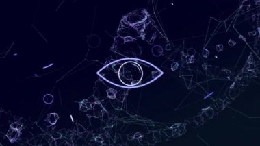 Göz simgesinin dijital animasyonu ve üç boyutlu DNA yapısının dönmesi ve siyah arkaplana karşı bağlantılar ağı. Tıbbi araştırma bilgisayar arayüzü kavramı
