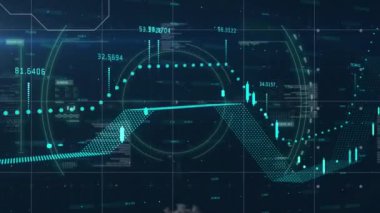 Covid-19 hücresini tarayan dijital animasyon. Finansal veri işleme sisteminde arka plandaki dünya haritasıyla karşılaştırılıyor. Covid 19 tıbbi araştırma arayüzü kavramı