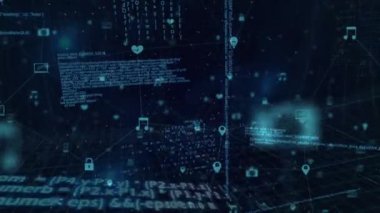 Mavi arka planda veri işleme üzerine parlayan mavi dijital simgelerin dijital animasyonu. Küresel ağ oluşturma ve çevrimiçi güvenlik kavramı