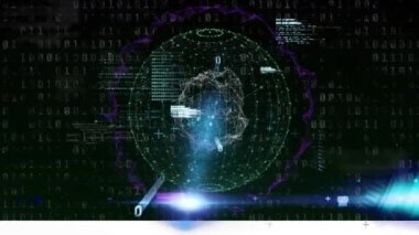 Globe of Network bağlantılarının dijital animasyonu kara arkaplana karşı veri işleme üzerinde dönüyor. Dijital bilgisayar arayüzü kavramı