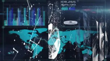 Finansal veri işleme üzerinden bağlantılar ağının dijital animasyonu ve siyah arkaplana karşı dünya haritası. Küresel ağ ve iş konsepti