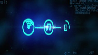 Bağlantı simgelerinin dijital animasyonu ve mavi arkaplana karşı veri işleme üzerinde hareket eden parlayan ışık noktası. Küresel ağ ve bağlantı kavramı