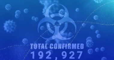Metnin animasyonu. Covid 19 hücre, DNA ve mavi arkaplan üzerinde biyolojik tehlike sembolü bulunan toplam ve yükselen sayı. Dijital olarak üretilen küresel koronavirüs pandemik konsepti.