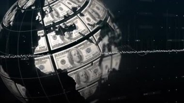 Globe 'un dijital bileşik videosu Amerikan dolarlarının siyah arka plandaki veri işleme üzerinde dönüyor. Küresel ekonomi ve finans kavramı