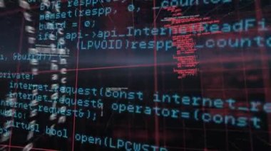 Siyah arkaplana karşı ızgara çizgileri üzerinden veri işleme dijital animasyonu. Dijital çevrimiçi güvenlik bilgisayarı kavramı