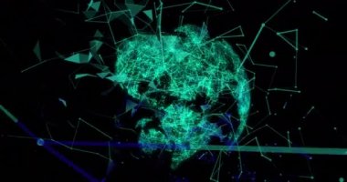 Siyah arkaplana karşı dönen bağlantı ağı üzerinde parlayan yeşil pleksus ağlarının dijital animasyonu. Küresel ağ ve bağlantı kavramı