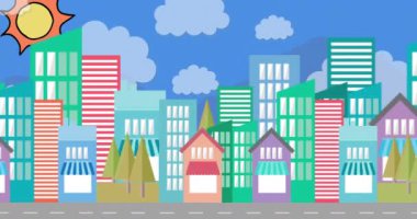 Renkli şehir manzarasının animasyonu. Birden fazla bina ve yol var. Güneşte parlıyor ve mavi gökyüzünde bulutlar var. Renk ve hareket kavramı dijital olarak oluşturuldu.