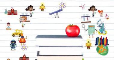 Bir yığın kitap üzerindeki elmanın dijital kompozit videosu ve beyaz kağıda karşı hareket eden çoklu okul konsepti simgeleri