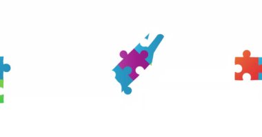 Jigsaw yapbozunun dijital animasyonu beyaz arka planda bir el ve iki dikdörtgen oluşturuyor. Otizm Farkındalığı konsepti.