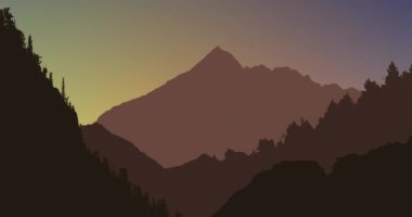 Gündoğumunda ya da günbatımında, arka planda açık gökyüzü ile hareket eden birden fazla ağaç ve dağ ile doğanın canlandırılması. 