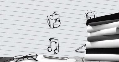 Okul ekipmanlarının siyah arka planda yüzen okul resimlerinin üzerinde canlandırması. Okul kavramına geri dönüş dijital olarak oluşturulan imaj.