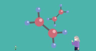 Moleküler yapı ikonu ve sosyal uzaklık metninin yüz maskesi takan erkek ve kadın ikonu üzerine dijital animasyonu yeşil arka plana karşı sosyal mesafeyi koruyor. Coronavirüs salgını konsepti