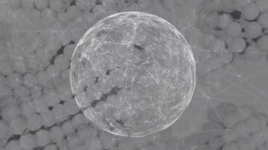 Arka planda kusursuz bir döngü içinde hipnotik hareketlerle titreşen birden fazla gri top sırasının üzerinde bağlantıları olan dönen dünyanın animasyonu.