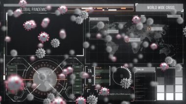 Tıbbi dijital arayüzde siyah arka planda Covid-19 hücrelerinin dijital animasyonu. Covid 19 tıbbi araştırma arayüzü kavramı