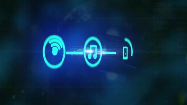 Dijital simgelerden oluşan Ağ 'ın dijital animasyonu ve mavi arkaplan üzerinde dönen ve veri işleme yapan ışık lekesi. Küresel ağ ve iş konsepti