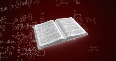 Kahverengi arkaplana karşı hareket eden matematiksel denklemler üzerine Açık Kitap 'ın dijital animasyonu. Eğitim ve öğretim kavramı