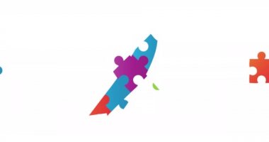 Yapbozun dijital animasyonu beyaz arka planda bir kurdele ve iki dikdörtgen oluşturuyor. Otizm Farkındalığı konsepti.