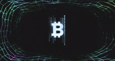 Siyah arkaplanda yeşil ağ üzerine ikili kodlama ve bitcoin sembollerinin animasyonu. Şifreli para birimi sanal küresel finans sektörü konsepti dijital olarak oluşturulmuş görüntü.