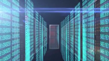 Parlak ışık noktasının dijital animasyonu, parmak izi tarayıcısı ve çoklu sunucular üzerinden gökyüzündeki bulutlara karşı işlenen veri. Dijital çevrimiçi güvenlik bilgisayarı kavramı