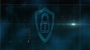 Güvenlik asma kilit simgesinin dijital animasyonu ve siyah arkaplandaki veri işlemesine karşı çizgilerin üzerinde hareket eden parlayan ışık noktası. Dijital çevrimiçi güvenlik bilgisayarı kavramı