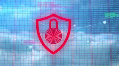 Dijital güvenlik asma kilit ikonu, veri işleme ve gökyüzündeki bulutlara karşı bağlantı ağının dijital kompozit videosu. Küresel ağ oluşturma ve çevrimiçi güvenlik kavramı