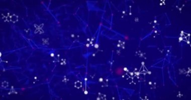 Moleküler yapıların dijital animasyonu ve mavi arkaplana karşı hareket eden bağlantılar ağı. Küresel ağ ve bağlantı kavramı