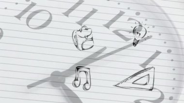 Arka planda hareket eden saatli yüzen okul resimlerinin animasyonu. Okul kavramına geri dönüş dijital olarak oluşturulan imaj.