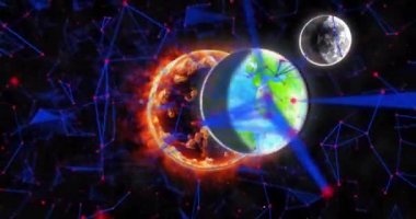 Alevler içinde parlayan bir küre, dönen gezegenler ve evrende hareket eden parlak mavi ağlar. Genel ağ bağlantıları konsepti dijital olarak oluşturulmuş resim.